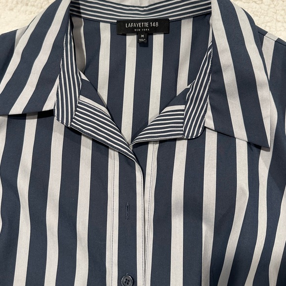 Lafayette 148 Fabiola Twilight Dungaree Blue Stripe Long Sleeve Belted Shirtdres - Picture 5 of 9